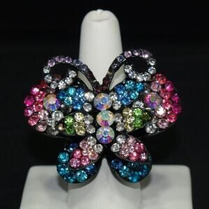 Butterfly Rhinestone Multicolored Stretch Ring, Fits 6 - 9 Stretch
